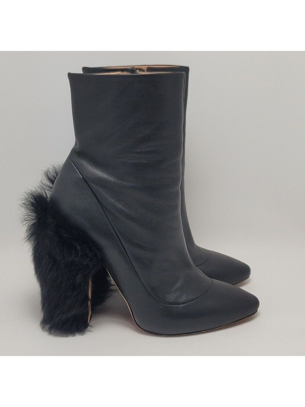 Rochas Ankle Bootie Black Leather Side Zipper Fur Heeled Almond Boots Size 40